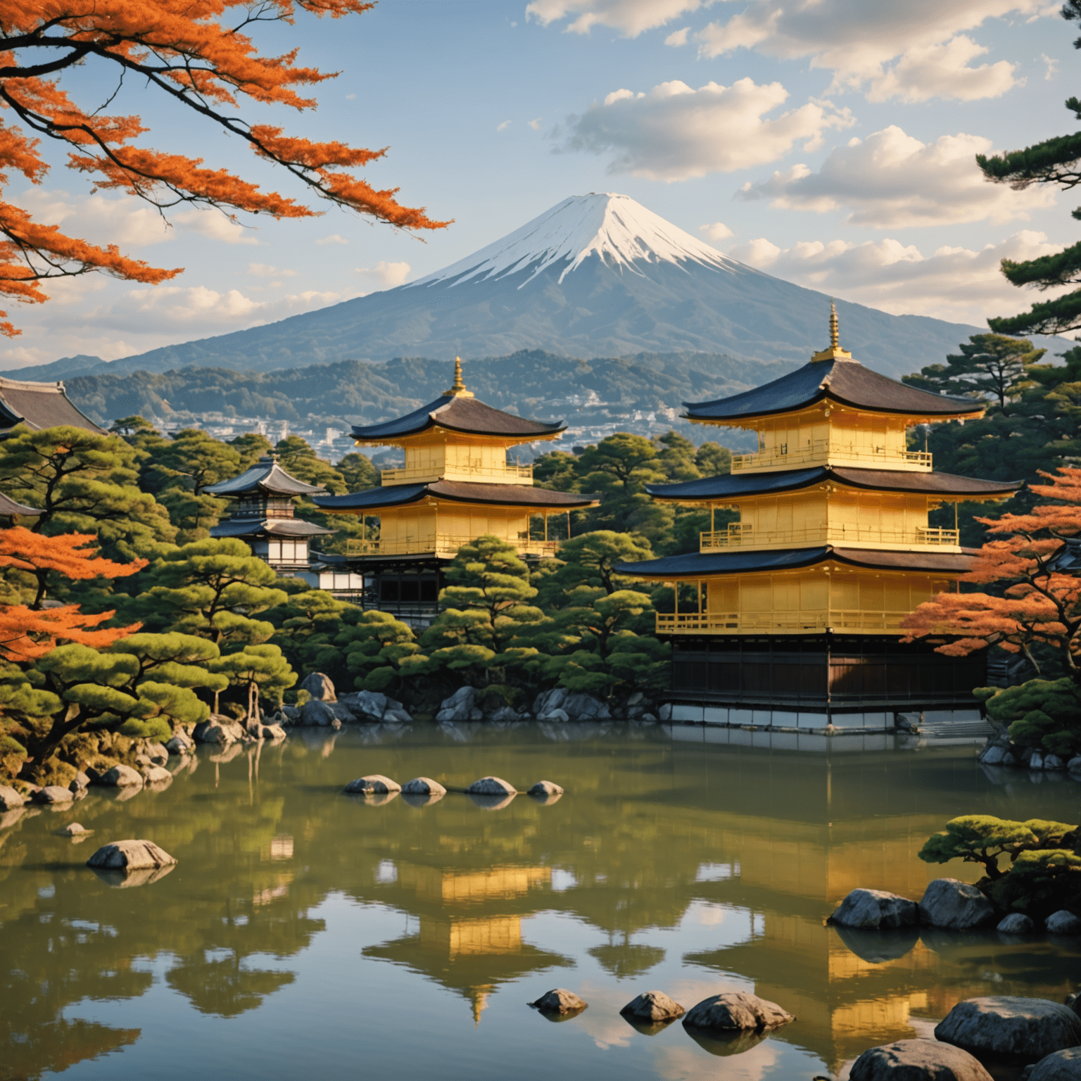 京都の金閣寺や清水寺などの有名な寺院が並ぶ風景。古都の雰囲気が漂う美しい景色。