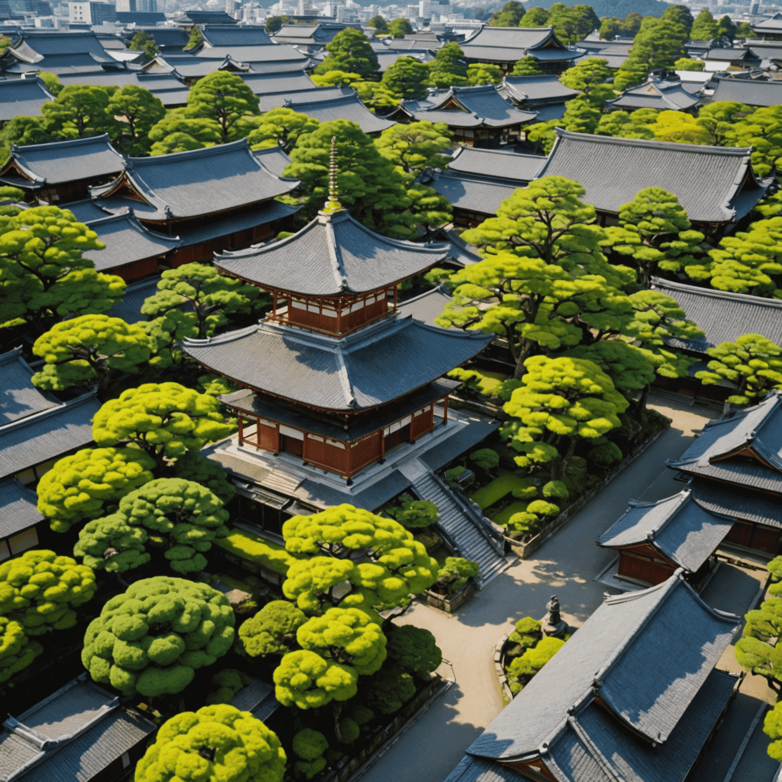 京都の美しい寺院の空撮。金色の屋根と緑豊かな庭園が見える。