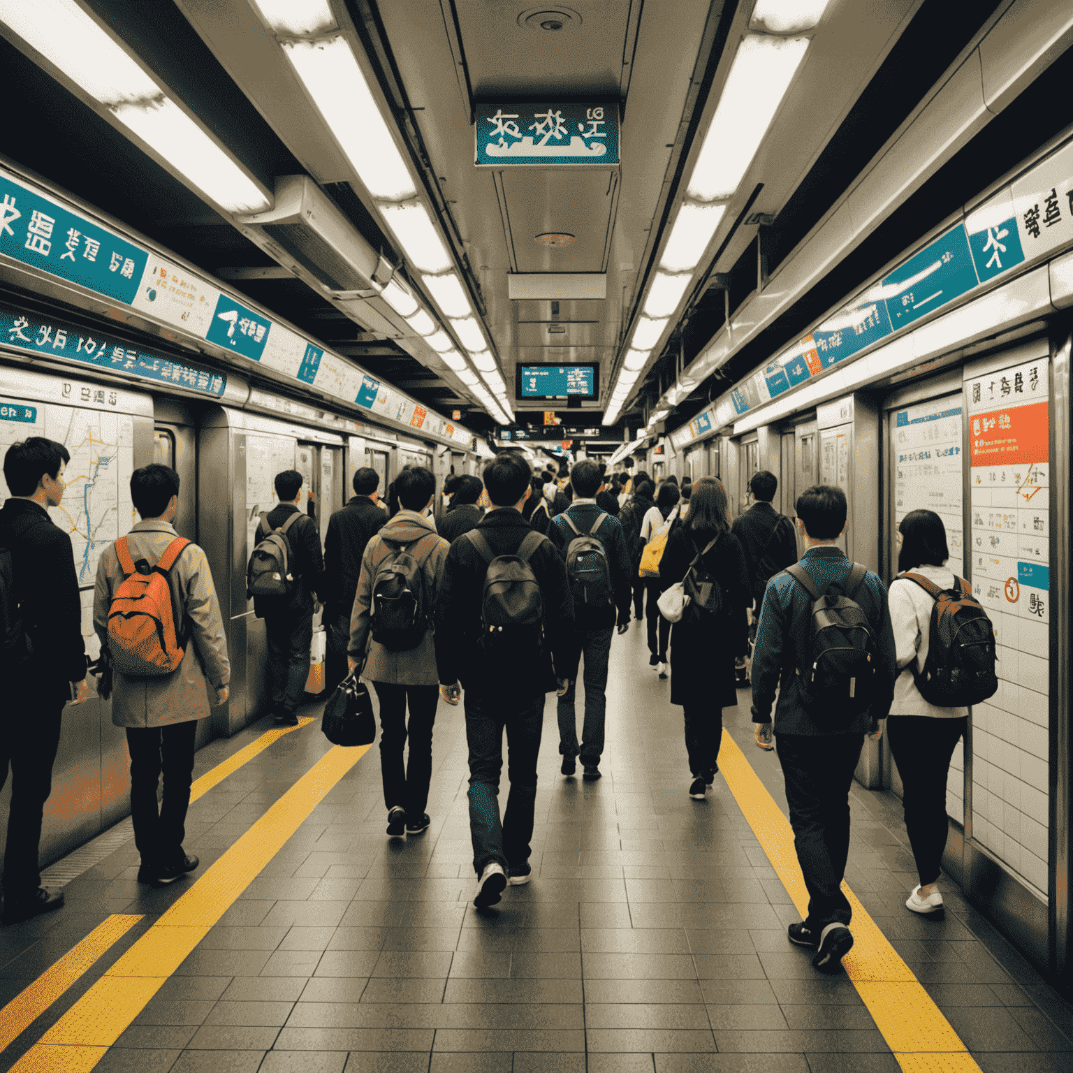 東京の地下鉄の駅構内。多くの乗客が行き交い、カラフルな路線図と日本語と英語の案内表示が見える。