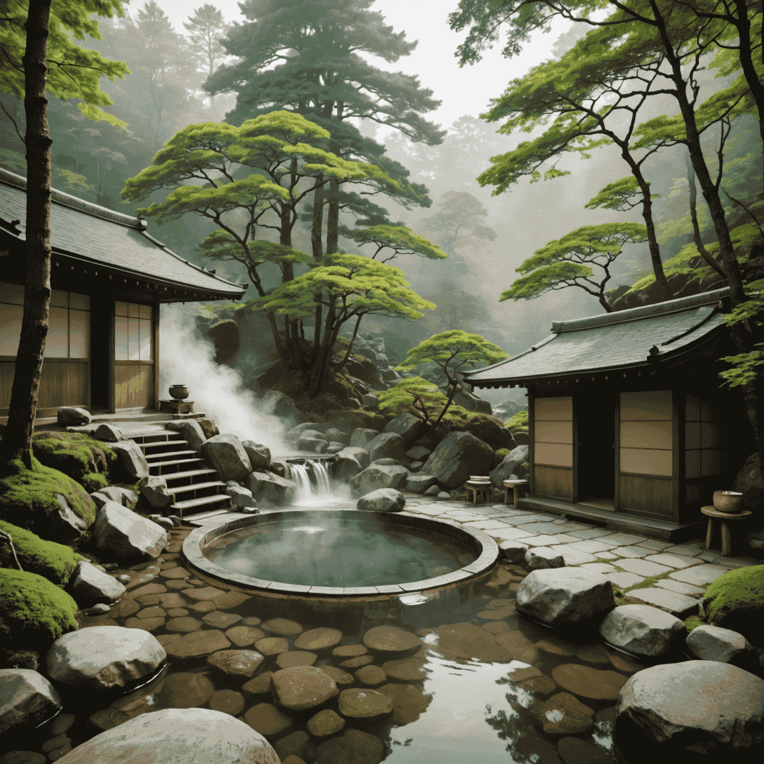 日本の伝統的な露天風呂。岩で囲まれた温泉が森の中にあり、湯気が立ち上っている。