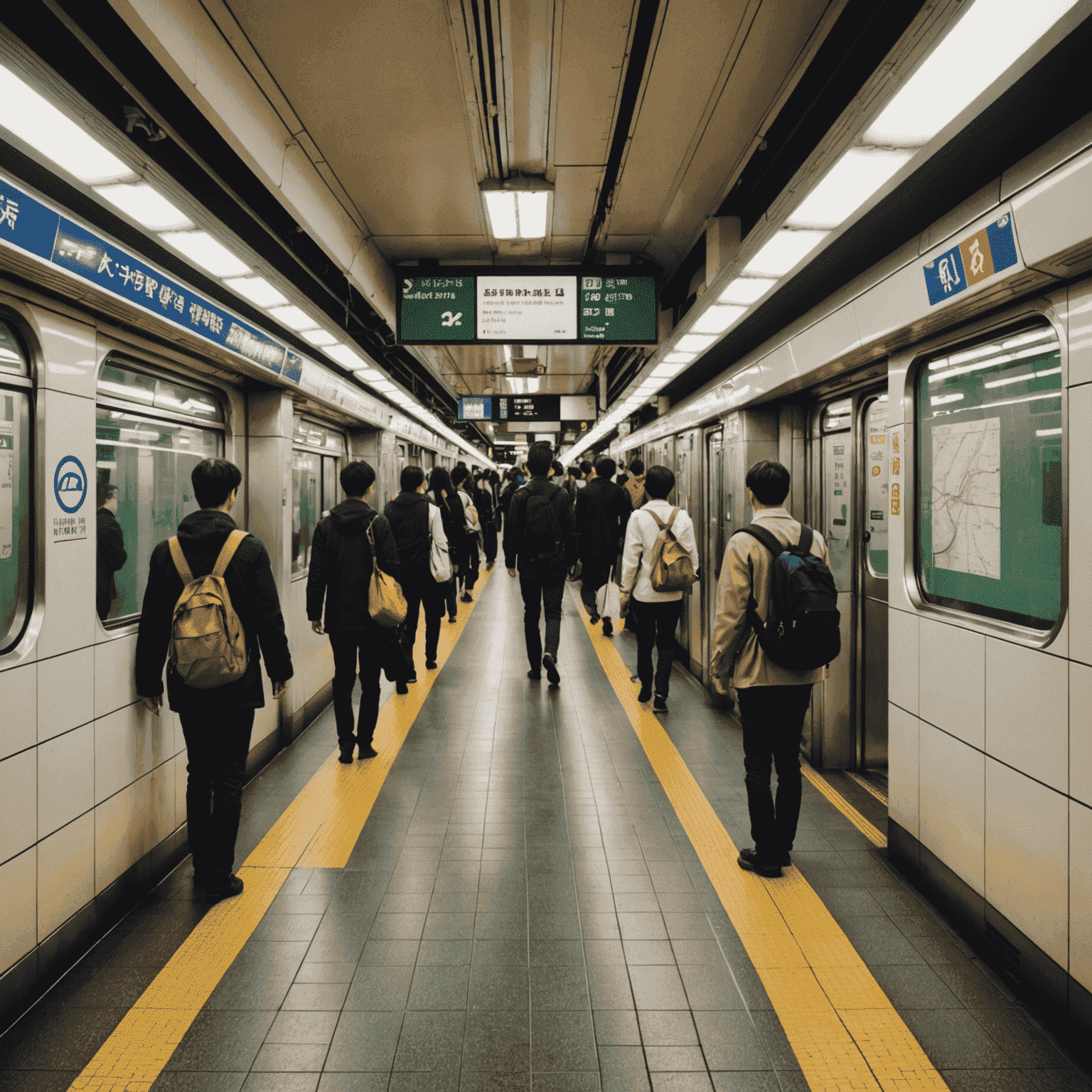 東京の地下鉄の駅構内。多くの乗客と複雑な路線図が見える。