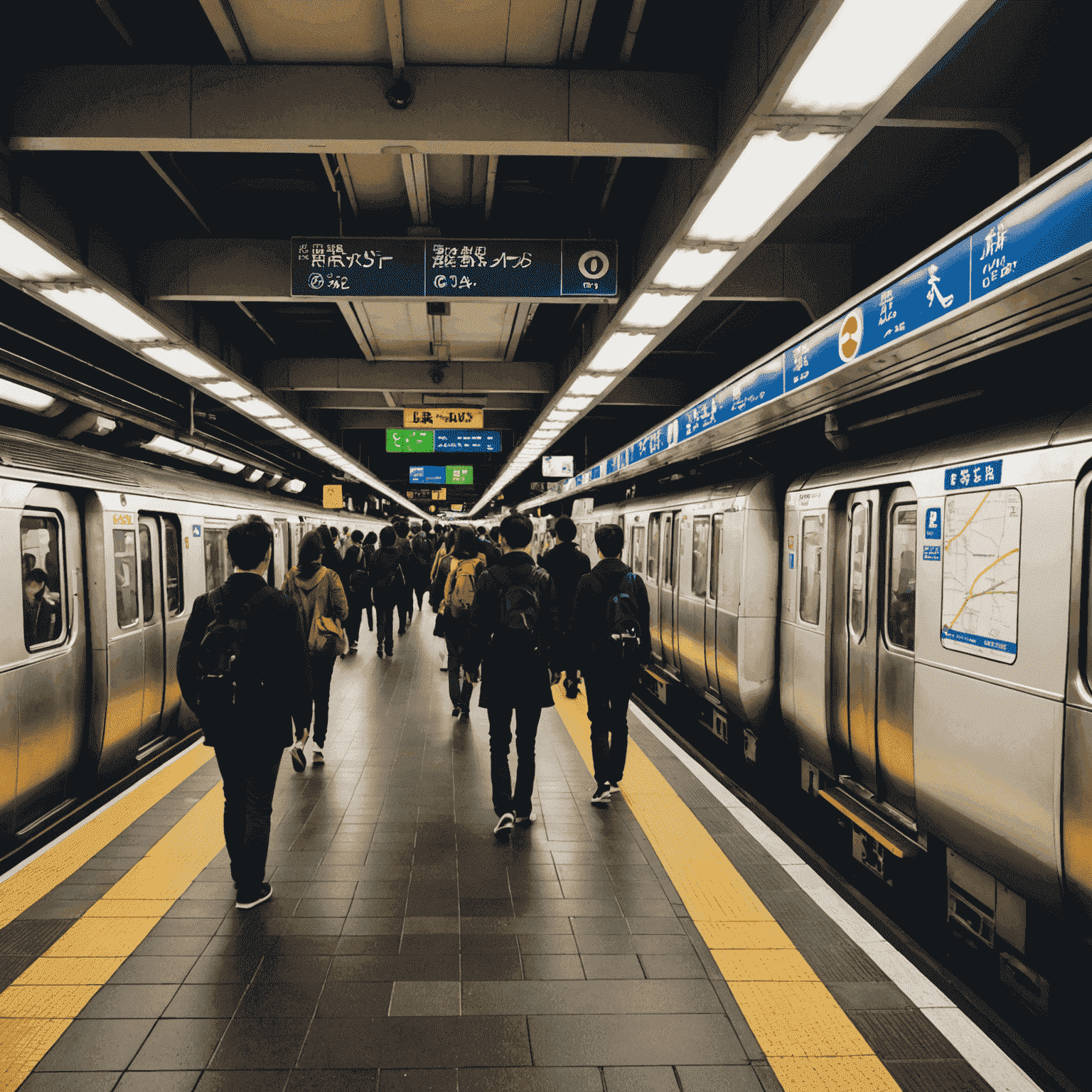 東京の地下鉄駅のプラットフォーム。多くの乗客と複雑な路線図が見える。