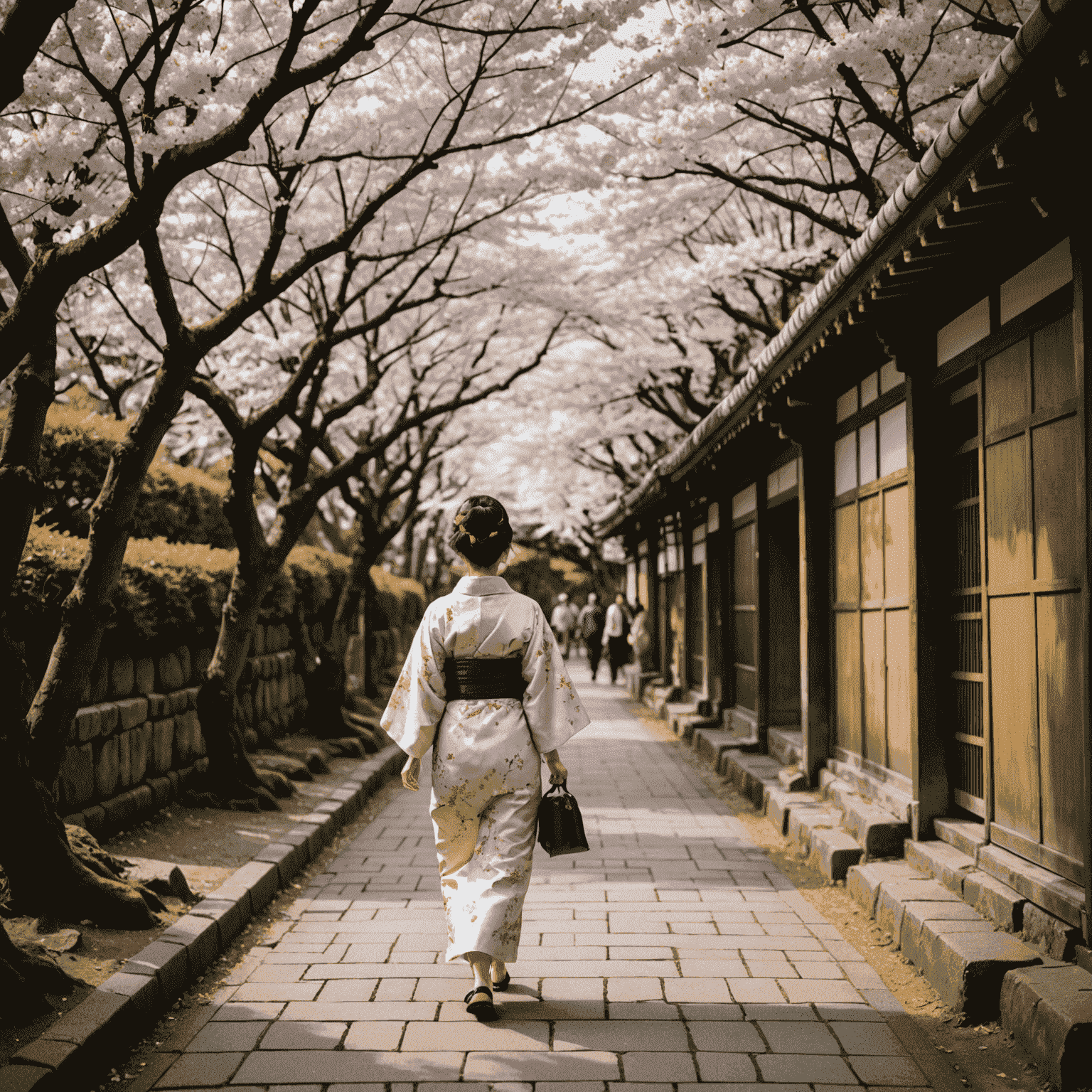 京都の哲学の道。桜のトンネルの下を歩く着物姿の女性。