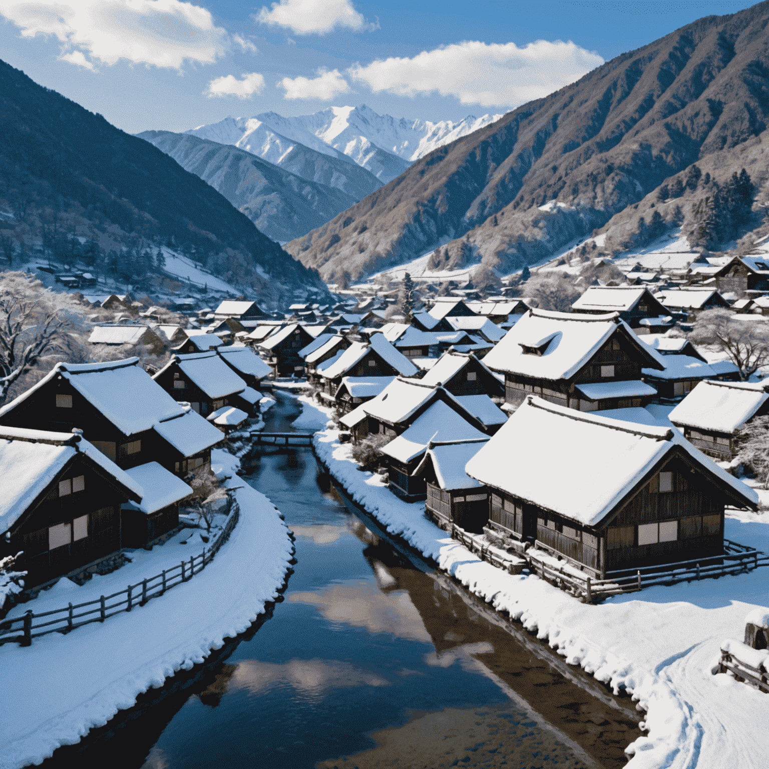 雪に覆われた白川郷の合掌造り集落。背景に山々が見える。