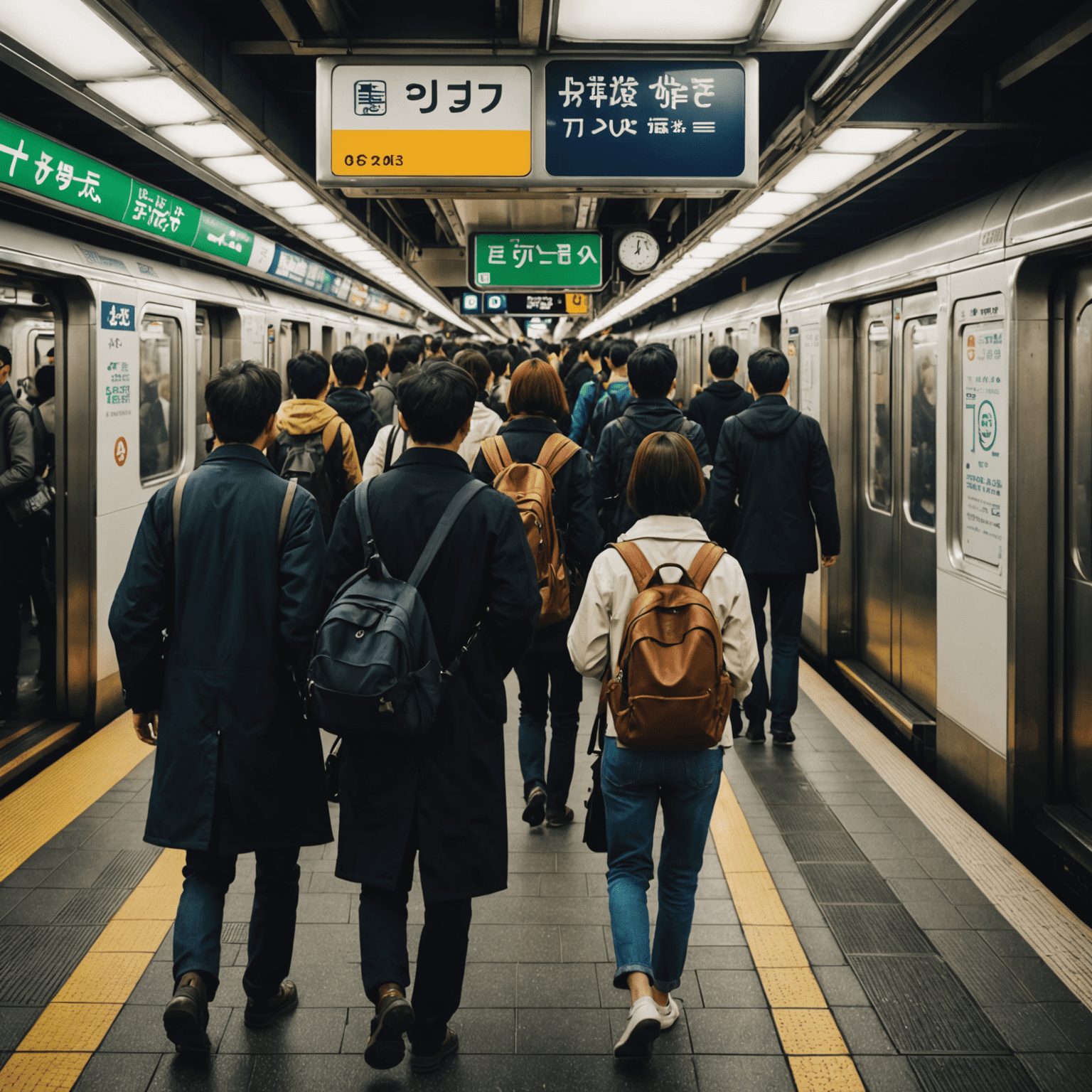 東京の地下鉄駅での乗り換え風景。多くの乗客が案内表示を見ながら移動している。