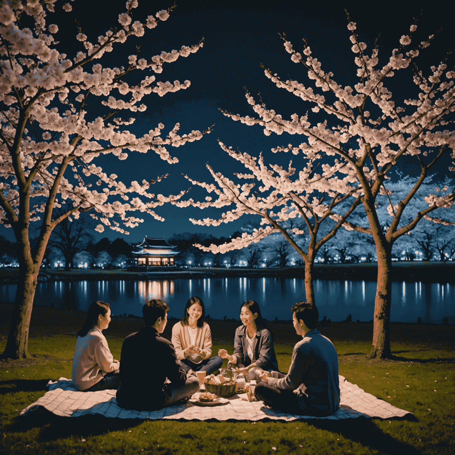 夜桜。ライトアップされた桜の木の下でピクニックを楽しむ人々。