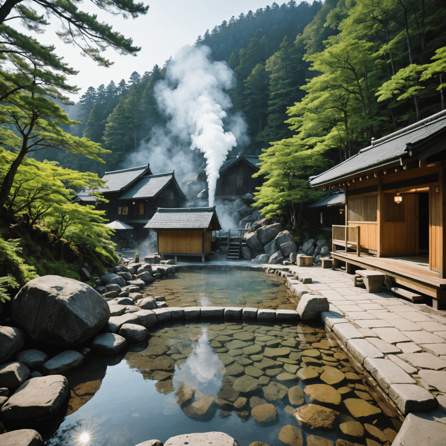 黒川温泉の露天風呂。岩で囲まれた温泉に湯気が立ち上っている。