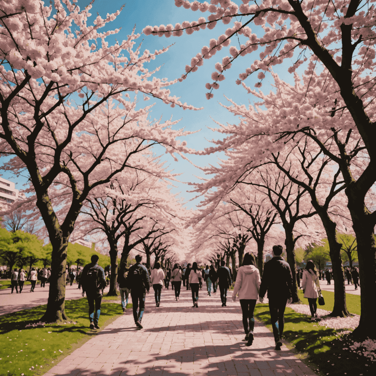 満開の桜の木の下で祝う人々。ピンクの花びらが風に舞う様子が見える。