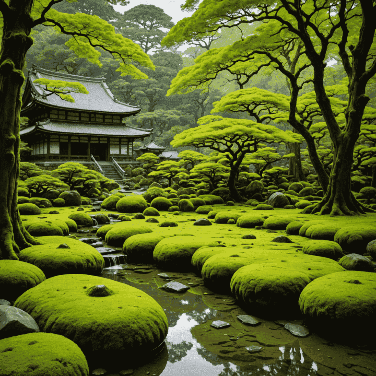 西芳寺の美しい苔庭の風景